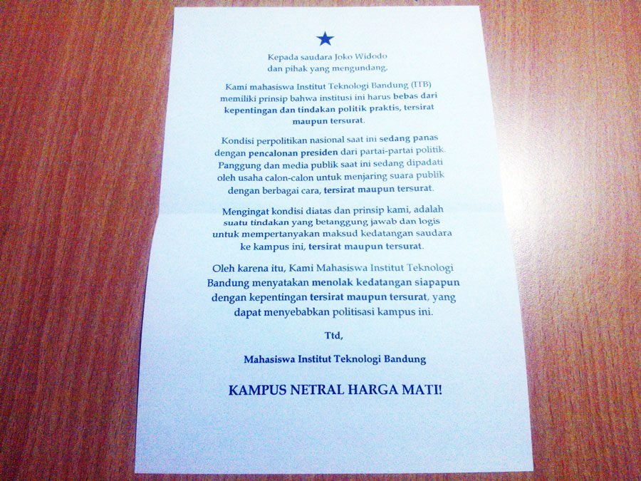 Surat edaran dari KM ITB menyikapi kedatangan Jokowi